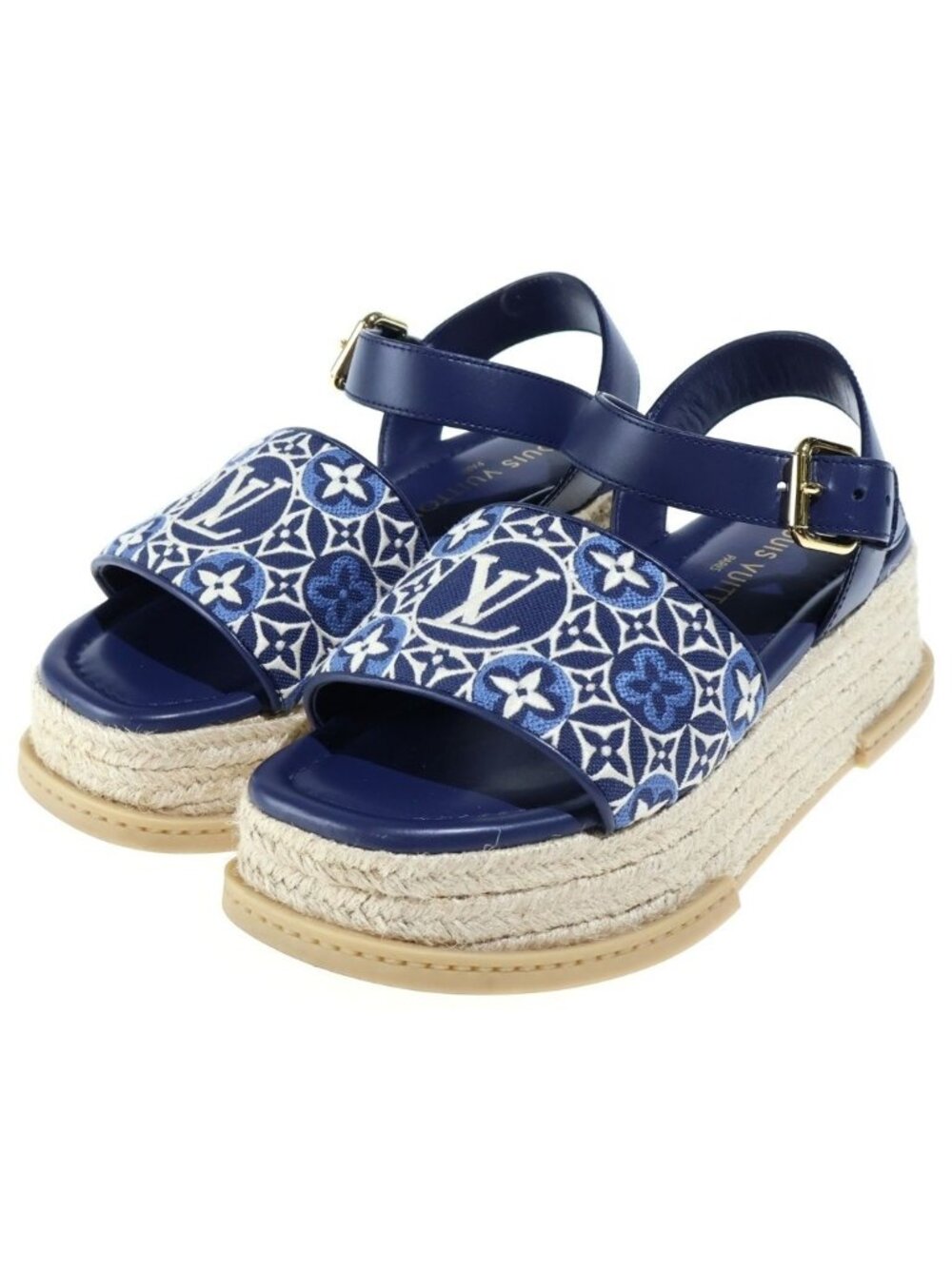 Louis Vuitton Maya Espadrilles Platform Sandals Blue Beige Jacquard